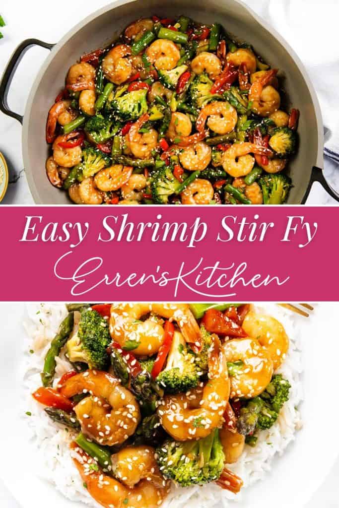 A pan of Easy Shrimp Stir Fry with broccoli, red bell pepper, and asparagus sits above a plate of the stir fry over rice; text reads "Easy Shrimp Stir Fry - Erren's Kitchen.