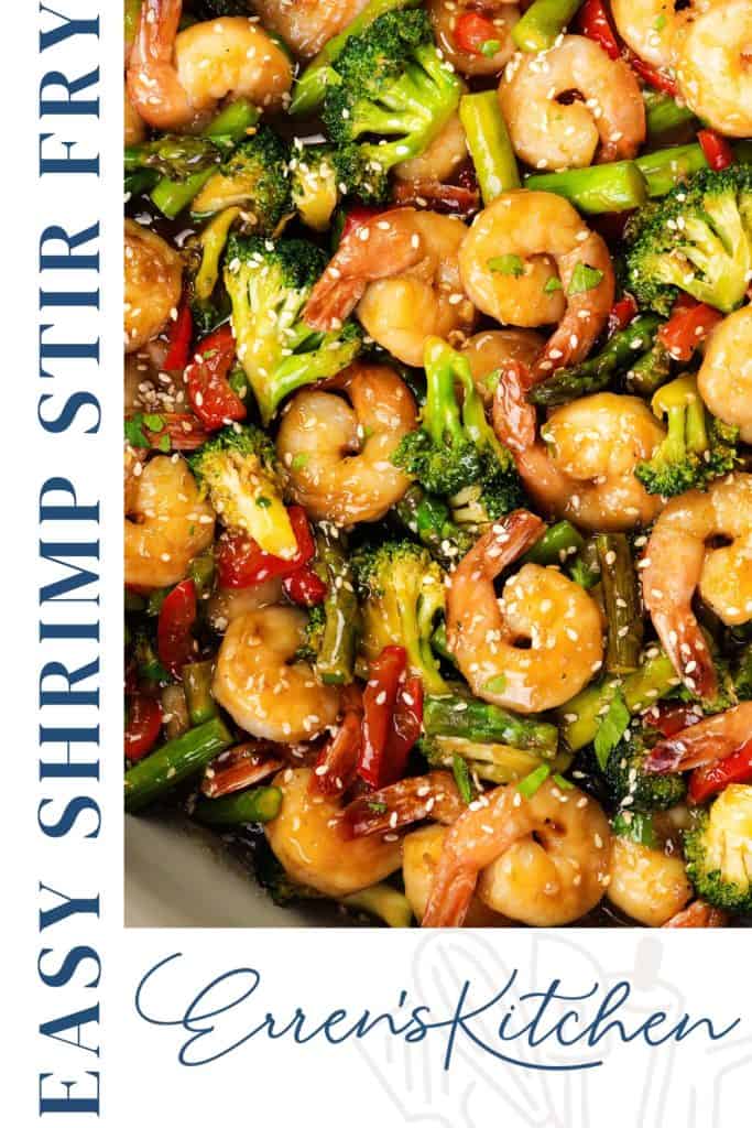 Colorful Easy Shrimp Stir Fry with broccoli, red chili, and sesame seeds in a pan. The left side features bold “Easy Shrimp Stir Fry” text and “Erren’s Kitchen” in script at the bottom.