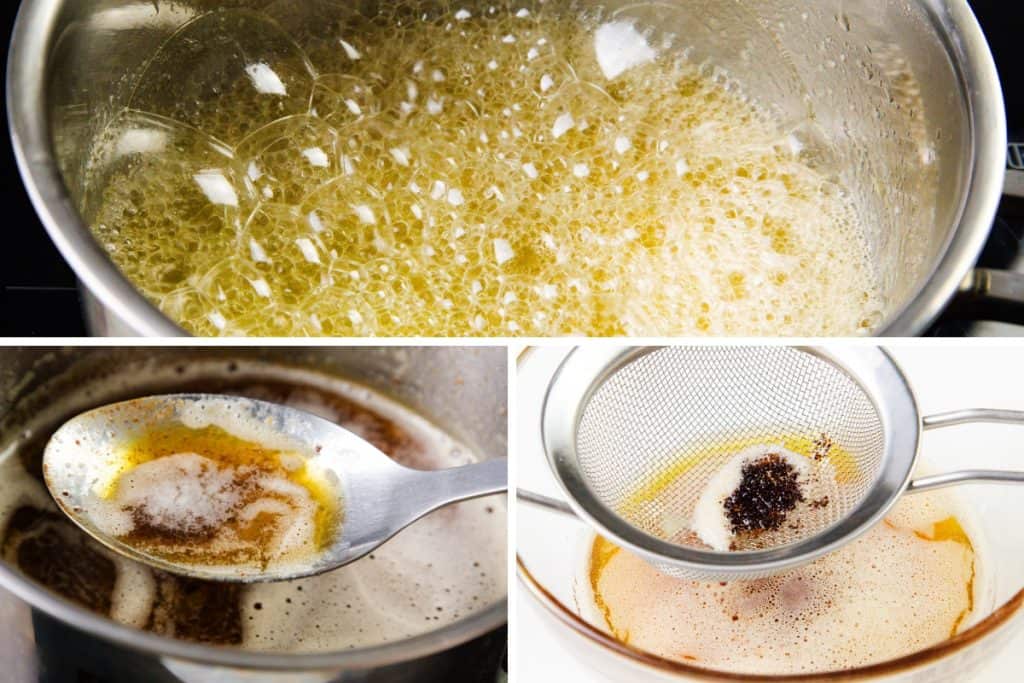  melting butter in a pot, removing milk solids with a spoon, and straining the liquid through a fine mesh sieve.