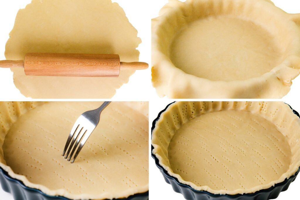  rolling dough with a pin, placing dough in a pie dish, pressing dough with a fork, and a close-up of pie crust with fork marks in a tart pan.