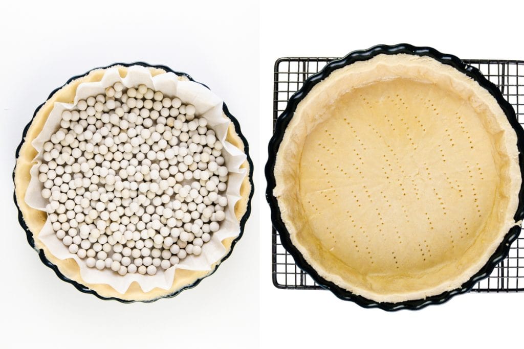  left shows a pie crust lined with parchment paper and filled with baking beans; right shows a baked, golden pie crust with fork marks, cooling on a wire rack.
