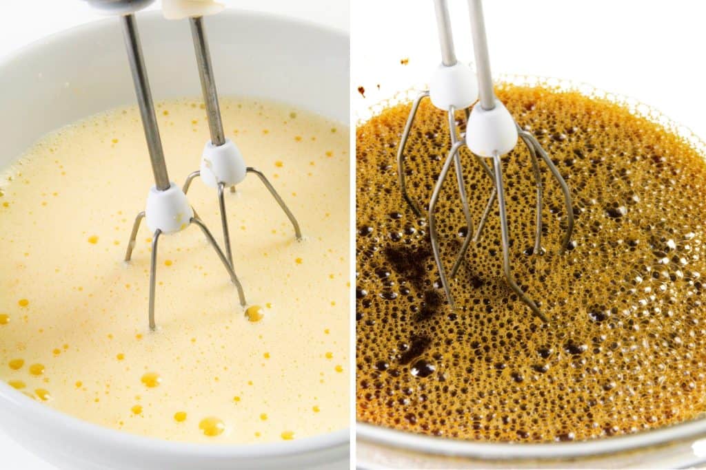  the left bowl contains a pale yellow frothy mixture, while the right bowl contains a dark brown, foamy mixture.