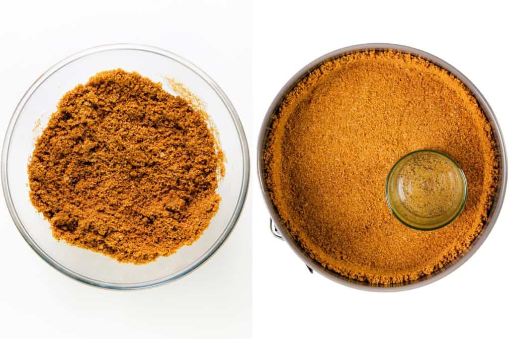 Side-by-side images: on the left, a glass bowl filled with brown graham cracker crumbs for a Pumpkin Spice Cheesecake; on the right, crumbs pressed flat in a round pan with the bottom of a glass, forming a crust.