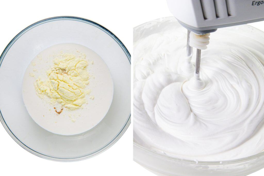 Side-by-side images: on the left, dry ingredients in a bowl; on the right, a hand mixer whipping them into fluffy white peaks in a glass bowl for a Pumpkin Spice Cheesecake.