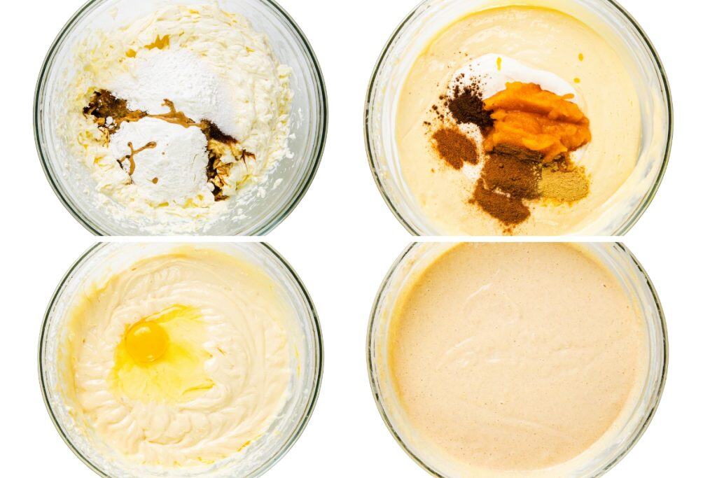 Four glass bowls with ingredients in various mixing stages for Pumpkin Spice Cheesecake: sugar, flour, and spices in the first; pumpkin puree and Pumpkin Spice in the second; cracked egg on creamy mixture in the third; smooth blended batter in the fourth.