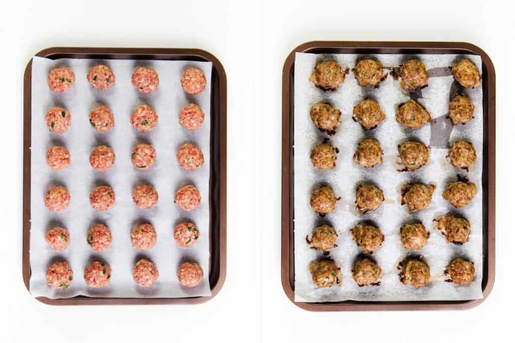 the left tray holds raw, evenly spaced Teriyaki Meatballs, while the right tray has cooked, browned Teriyaki Meatballs arranged the same way. Both trays are seen from above on a white background.
