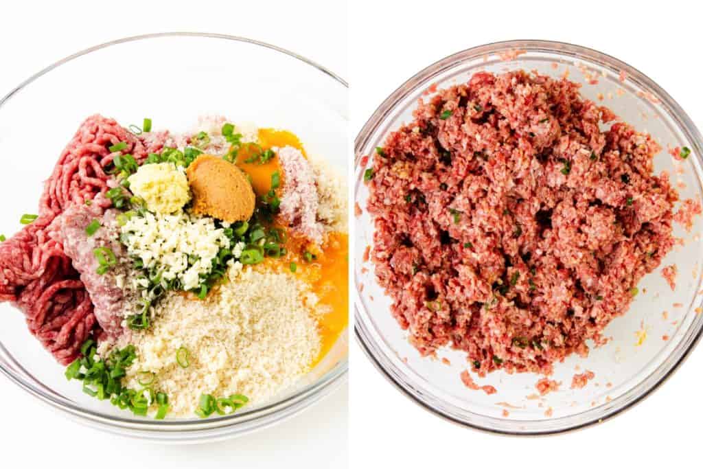 the left displays Teriyaki Meatballs ingredients—raw ground meat, breadcrumbs, egg, green onions, garlic, ginger, and brown sugar—while the right shows the mixture combined for delicious homemade meatballs.