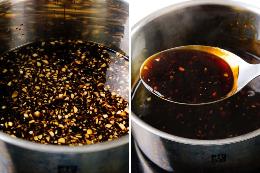 A stainless steel saucepan with a mixture of chopped garlic and dark teriyaki sauce on the left, and a spoon lifting thickened teriyaki glaze for meatballs from the same saucepan on the right.
