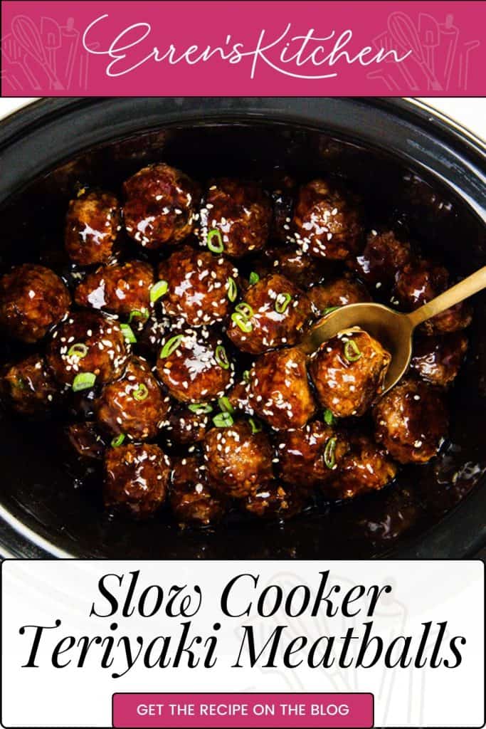 A crockpot filled with Teriyaki Meatballs, glazed to perfection and garnished with green onions and sesame seeds. A gold spoon rests among the meatballs. Text reads: “Slow Cooker Teriyaki Meatballs.”.