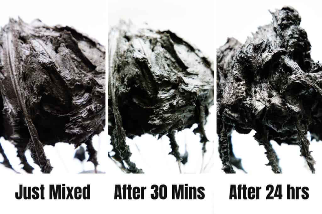  just mixed, after 30 minutes, and after 24 hours. The thick, dark texture gradually changes, becoming denser and more structured as it sets.