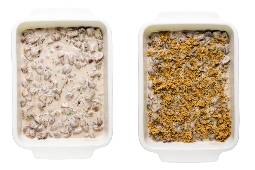 Two white baking dishes, side by side, each holding a creamy mushroom casserole. The right dish is finished with a golden brown breadcrumb topping, while the left dish features just the rich, creamy filling.