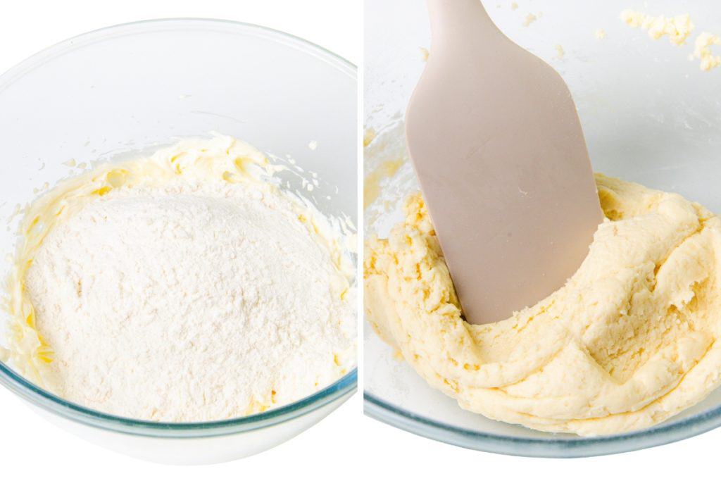 Side-by-side images: left, a glass bowl with flour on top of creamed butter; right, a spatula mixing the dough in the same bowl, showing thick, smooth Pecan Tassies cookie dough forming.