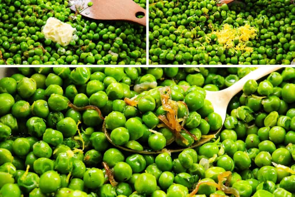 Close-up of Buttered Peas with melted butter, lemon zest, and caramelized shallots, shown in different preparation stages; a spoon holds a serving in the final shot—a tasty Buttered Peas Recipe.