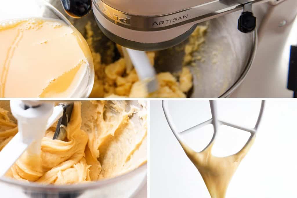 Three close-up images show an electric stand mixer in use: Choux Pastry for Cream Puffs being mixed, a soft dough texture, and thick Choux Pastry falling from a paddle attachment in a soft V shape.