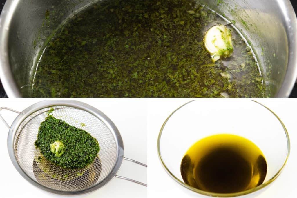 A collage shows: (top) a pot with green herb and oil mixture plus a garlic clove for pesto; (bottom left) the mixture with garlic being strained; (bottom right) a bowl of strained greenish oil, perfect for drizzling on Parmesan garlic focaccia.