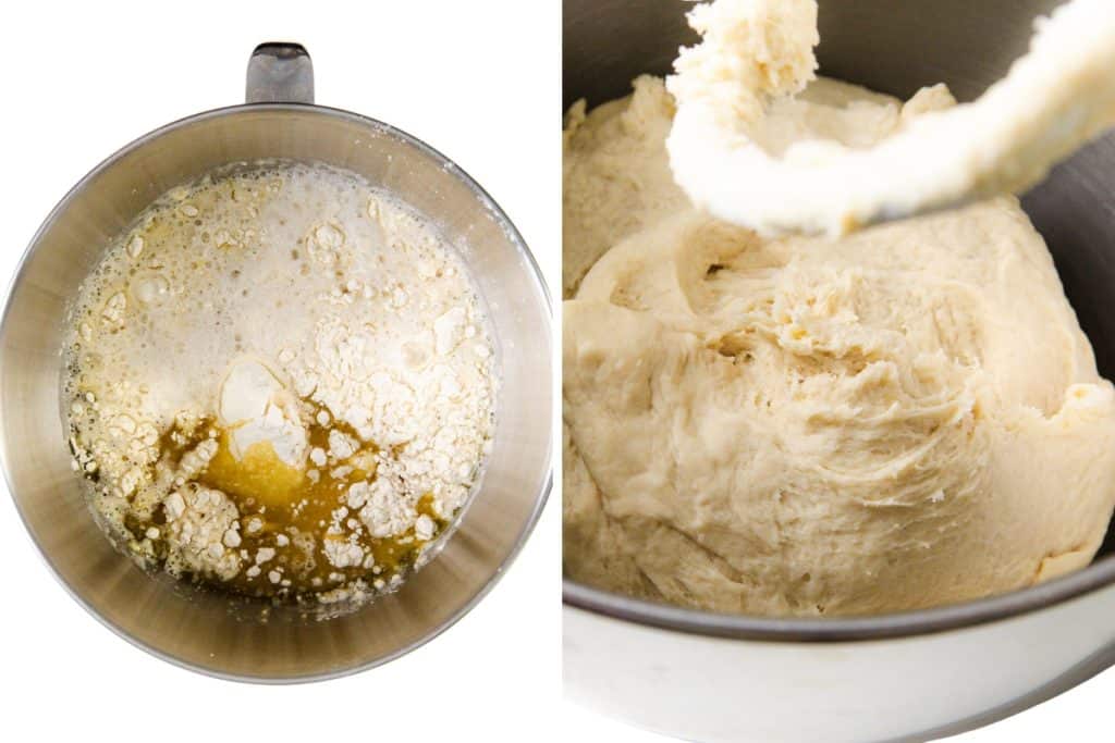 Side-by-side images: on the left, raw ingredients for garlic focaccia—including flour, yeast, and liquids—sit in a mixing bowl; on the right, they’ve blended into a smooth dough ready for pesto or Parmesan in the same bowl with a dough hook.