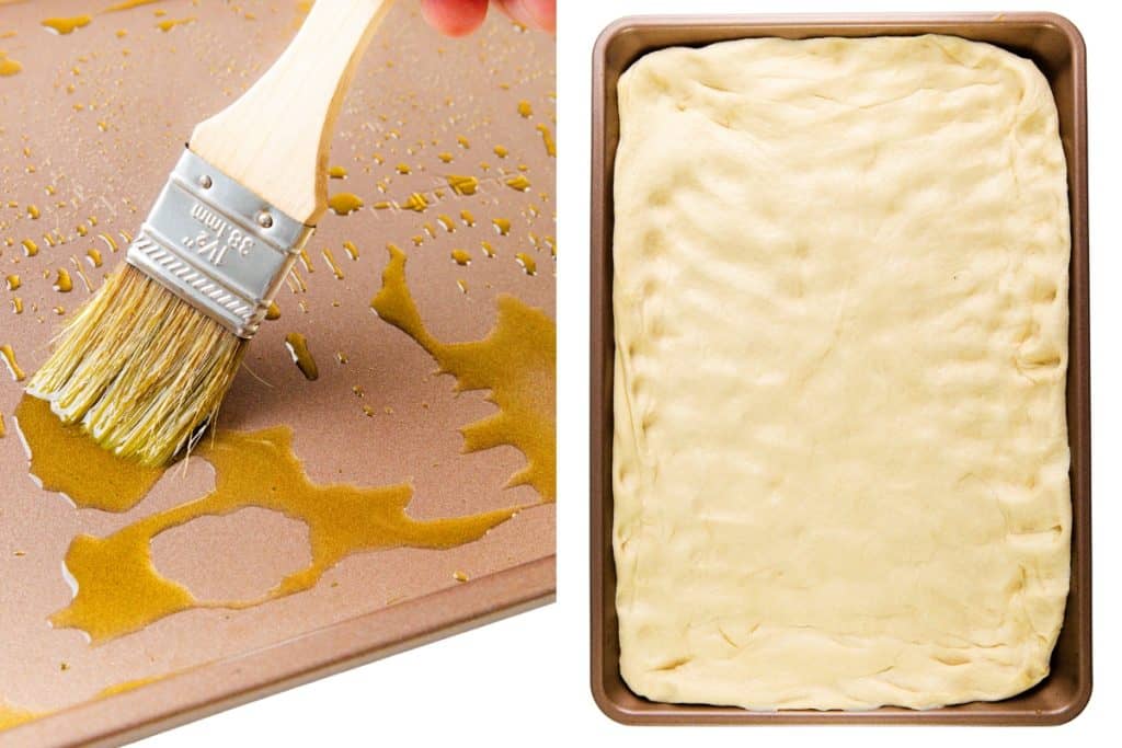 Close-up of a brush spreading oil on a baking sheet (left), and Garlic Focaccia dough pressed evenly into a rectangular baking pan (right), ready for baking.