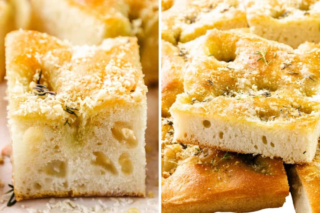 Side-by-side close-up of garlic focaccia showing two different textures — one light and airy with large holes, the other denser with a golden, crisp crust and sprinkled parmesan.