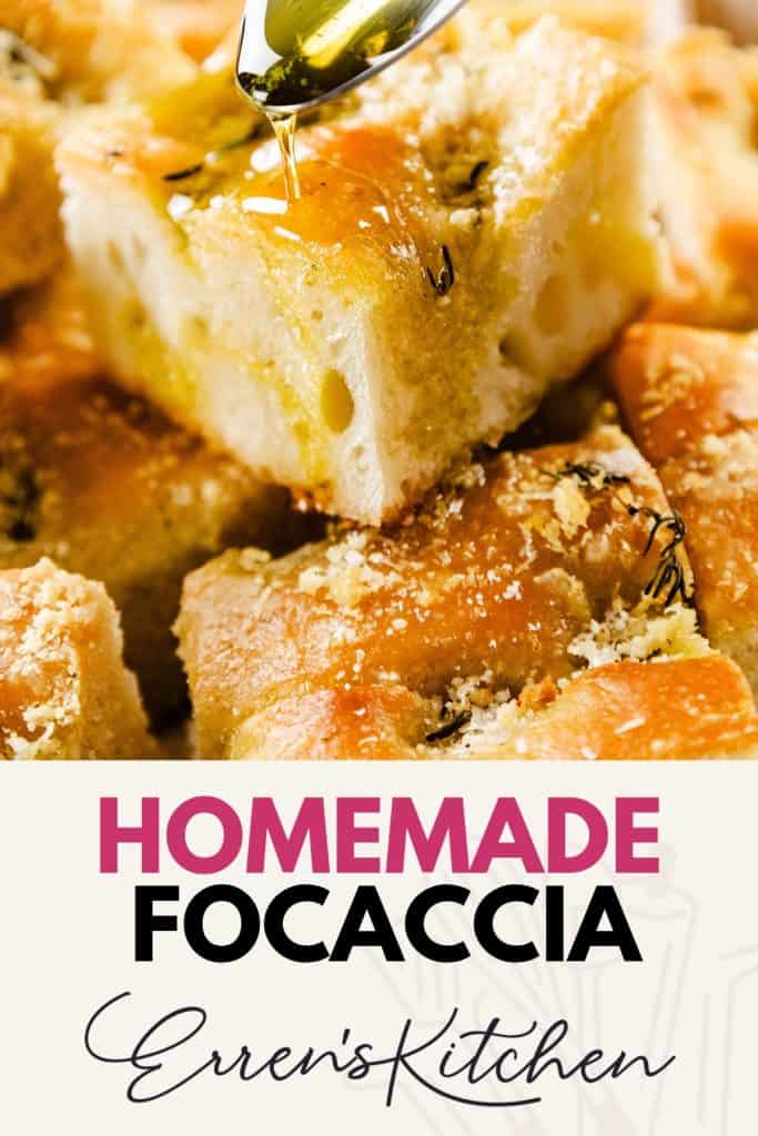 Close-up of golden, fluffy homemade garlic focaccia drizzled with olive oil, topped with herbs and Parmesan, surrounded by more bread pieces. Text below reads "Homemade Focaccia, Erren's Kitchen.