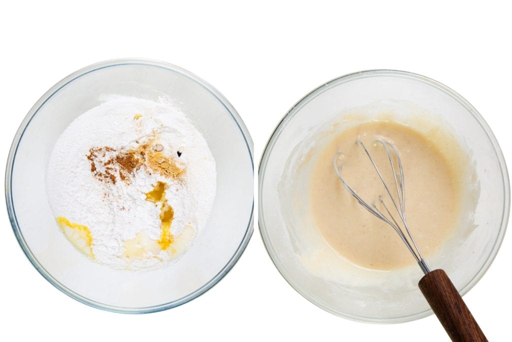 Two glass bowls: the left contains flour, egg, spices, and vanilla for Gingerbread Donuts; the right shows the mixed batter with a whisk resting inside. Both bowls are on a white background.