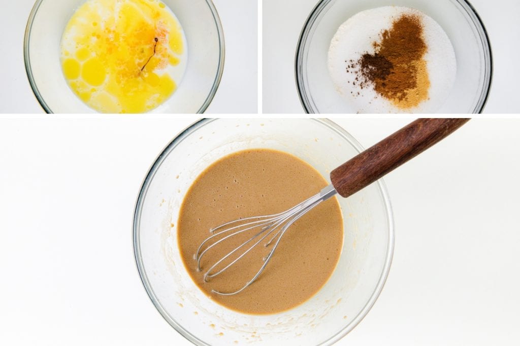 A collage shows: top left, a bowl with eggs and milk; top right, a bowl with flour, sugar, and spices for gingerbread donuts; bottom, a whisk mixing smooth brown batter in a glass bowl.
