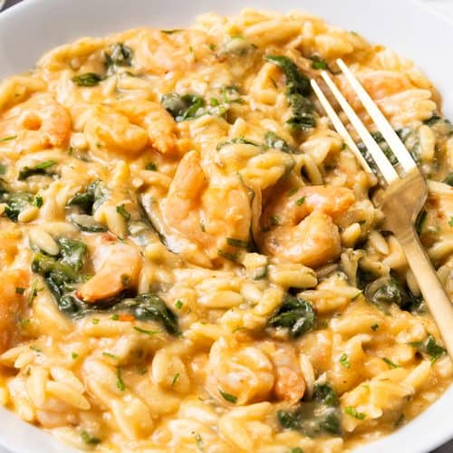 A white bowl filled with creamy orzo pasta mixed with lemony shrimp, spinach, and herbs, with a gold fork resting on the side.