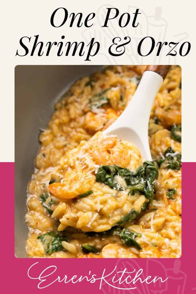 A close-up of creamy, lemony shrimp and orzo with spinach, being scooped from a pot with a white spoon. The dish is topped with grated cheese. Text reads: "One Pot Shrimp & Orzo" and "Erren's Kitchen.