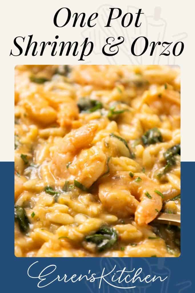 Close-up of creamy, lemony shrimp and orzo pasta with herbs and spinach. Text above reads "One Pot Lemony Shrimp & Orzo," and below is "Erren's Kitchen" in script.