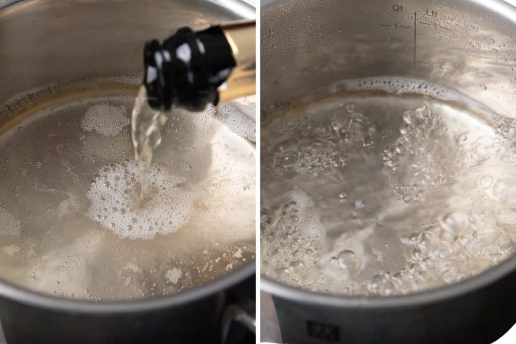 Side-by-side images of a pot: on the left, a liquid&mdash;perhaps for Champagne Buttercream&mdash;is poured in, creating bubbles; on the right, the mixture is boiling, with bubbles rising to the surface.