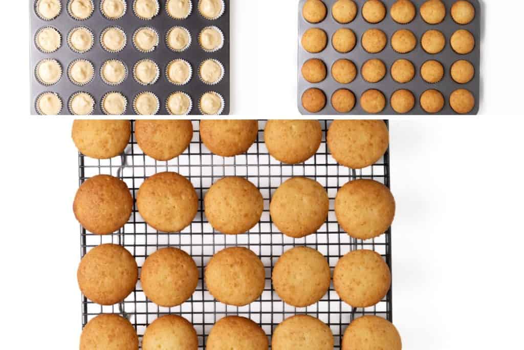 Overhead view of mini cupcakes at three stages: batter in a muffin tin, freshly baked in the tin, and cooled on a wire rack&mdash;perfect for topping with champagne buttercream.