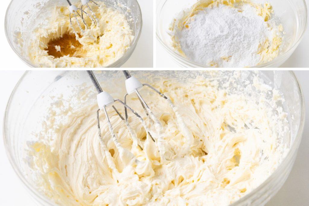Three photos show the process of making champagne buttercream: adding vanilla to creamed butter, pouring powdered sugar into the bowl, and mixing everything with electric beaters until smooth for topping mini cupcakes.