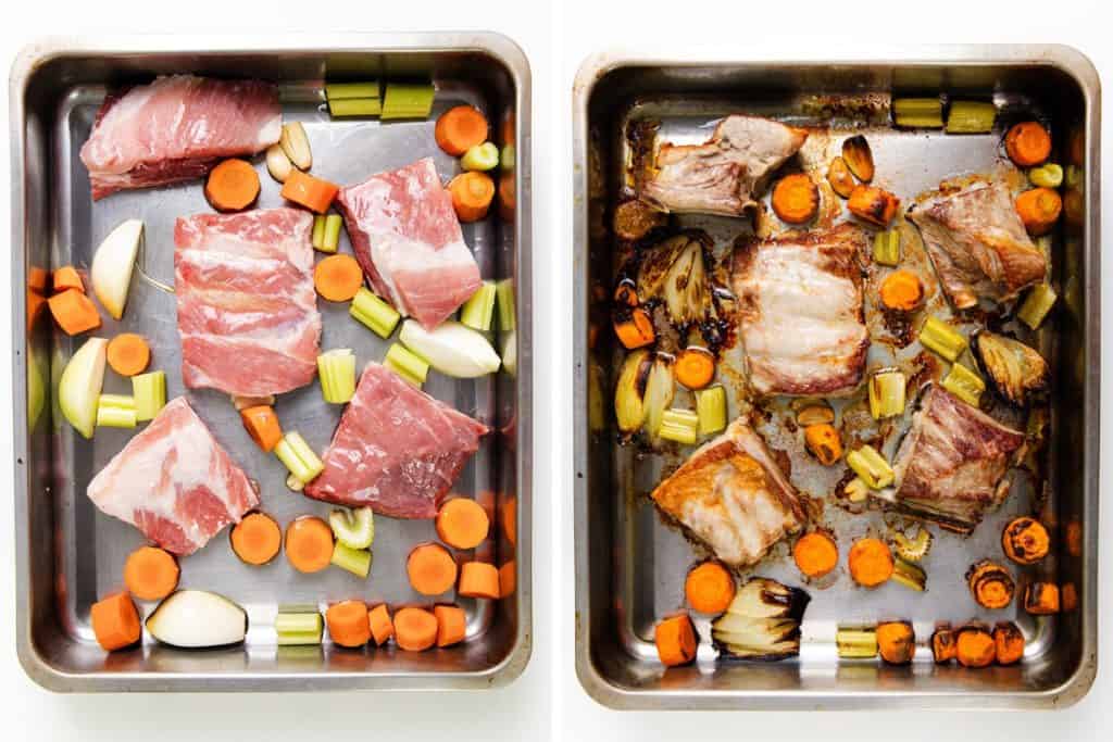 Two side-by-side baking pans: left shows raw pork, carrots, celery, and onion; right shows the same ingredients roasted and caramelized—the perfect start for a flavorful make-ahead gravy or your favorite pork gravy recipe. Both pans are on a white background.