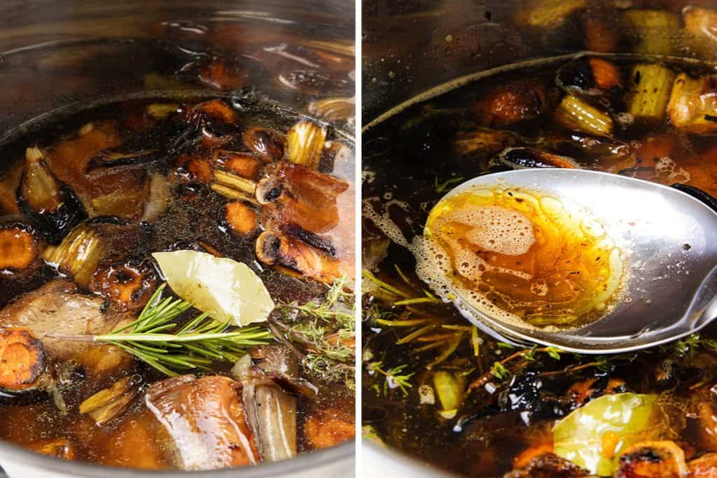 A pot of homemade vegetable broth with carrots, celery, onions, herbs, and bay leaf—great as a base for Pork Gravy—shown simmering on the left and being ladled with a spoon on the right. Ideal for make-ahead meal prep.