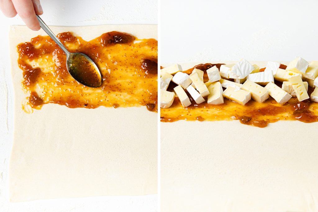 A split image shows puff pastry being spread with fig jam on the left, and topped with cubes of brie cheese on the right, all on a white surface—perfect for making a Puff Pastry Christmas Wreath.