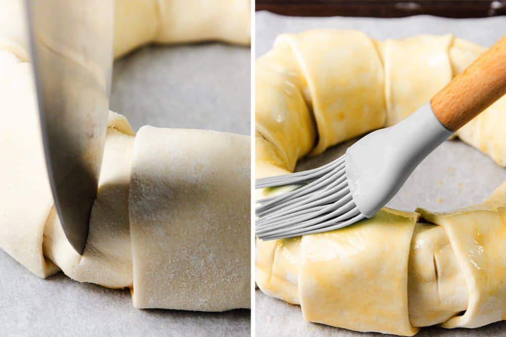 A pastry brush coats the wreath, soon to be filled with brie and fig jam, with an egg wash. Both images show baking preparation on parchment paper.