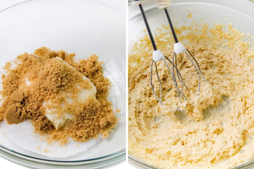 Side-by-side images: the left shows brown sugar, white sugar, and butter in a glass bowl; the right shows the mixture creamed together with an electric hand mixer for perfectly fluffy Gingersnap Cookies.