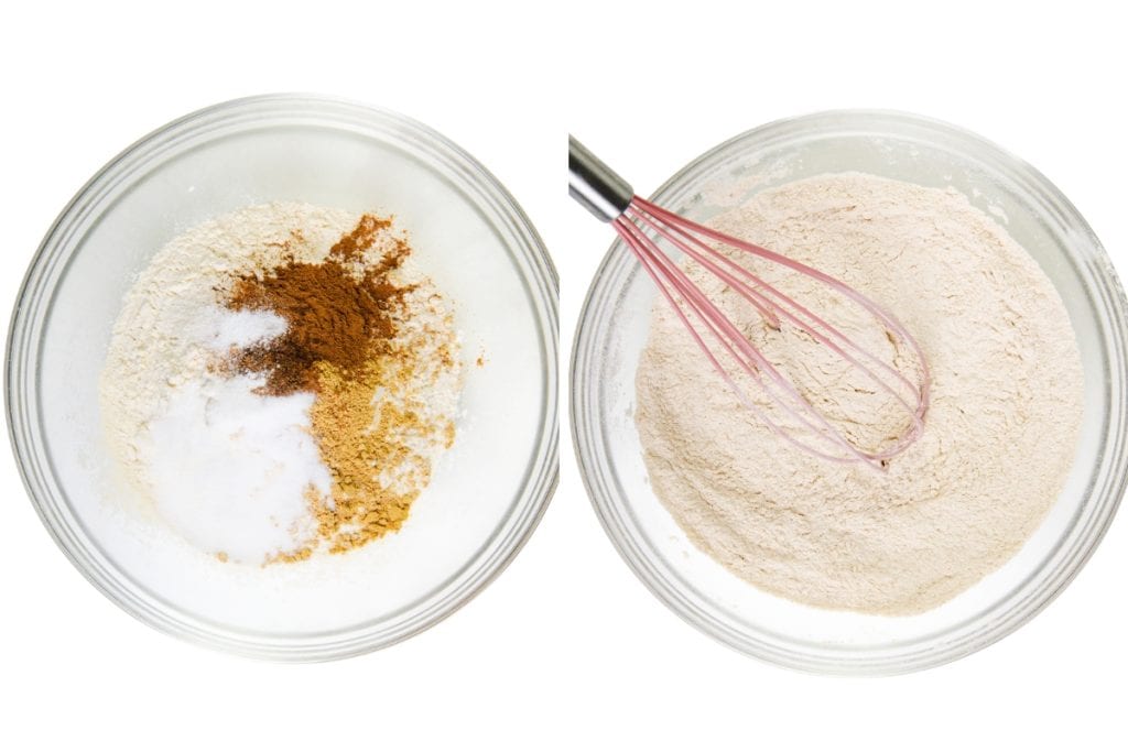 Two glass bowls: the left holds flour, baking soda, salt, cinnamon, and ginger for Gingersnap Cookies; the right shows these ingredients whisked together, ready to create delicious cookies.