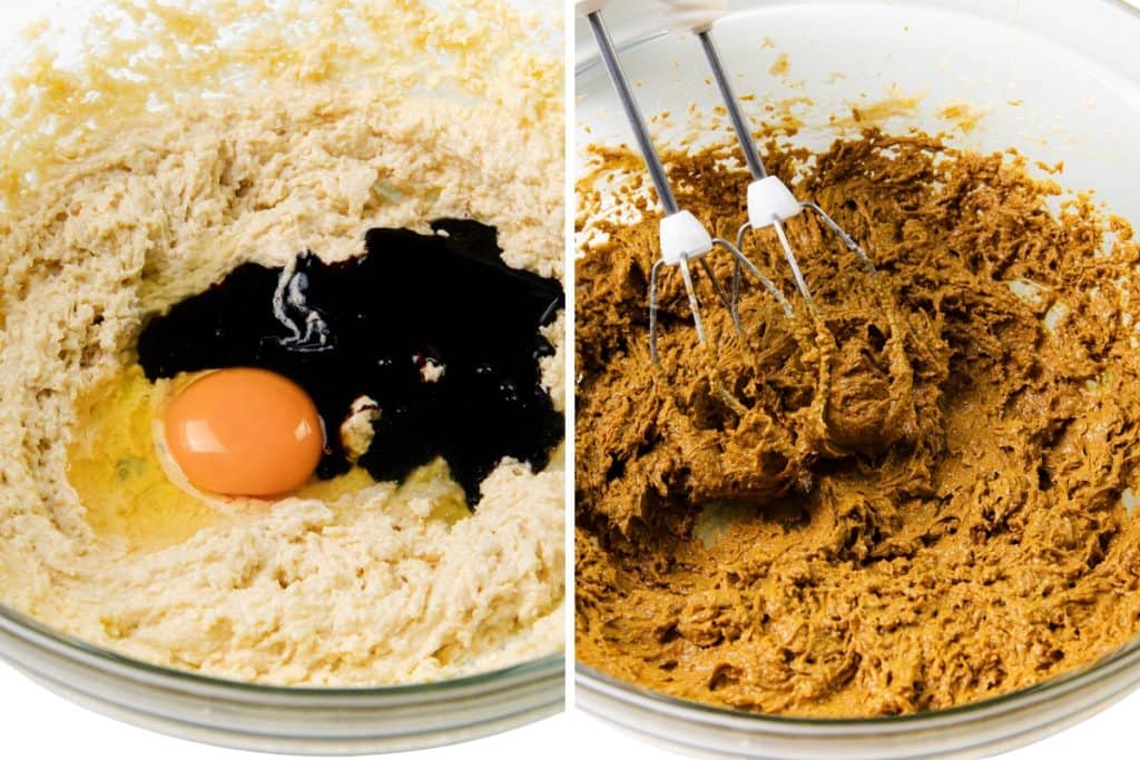 Side-by-side images: left, a mixing bowl with creamed ingredients for a Gingersnap Cookies recipe, an egg, and dark liquid; right, the same bowl with ingredients blended together using a hand mixer.