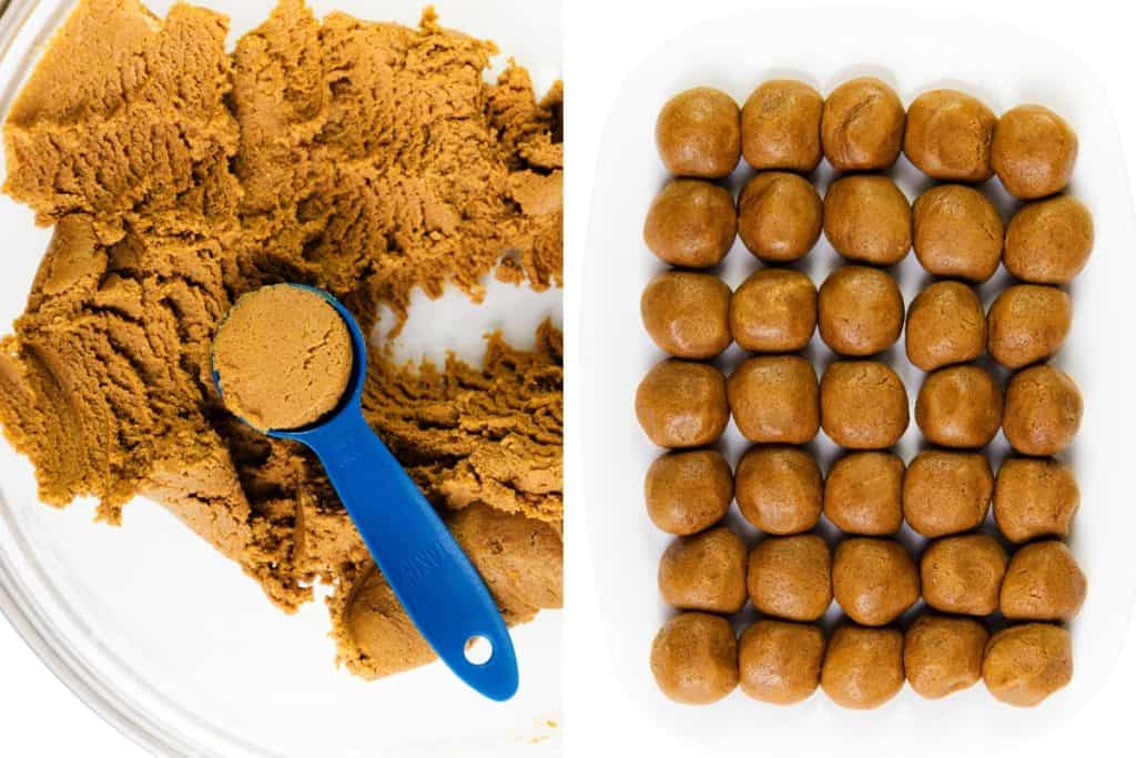 A bowl of brown gingersnap cookie dough with a blue measuring spoon on the left, and a tray of evenly spaced, round cookies arranged in rows on the right.