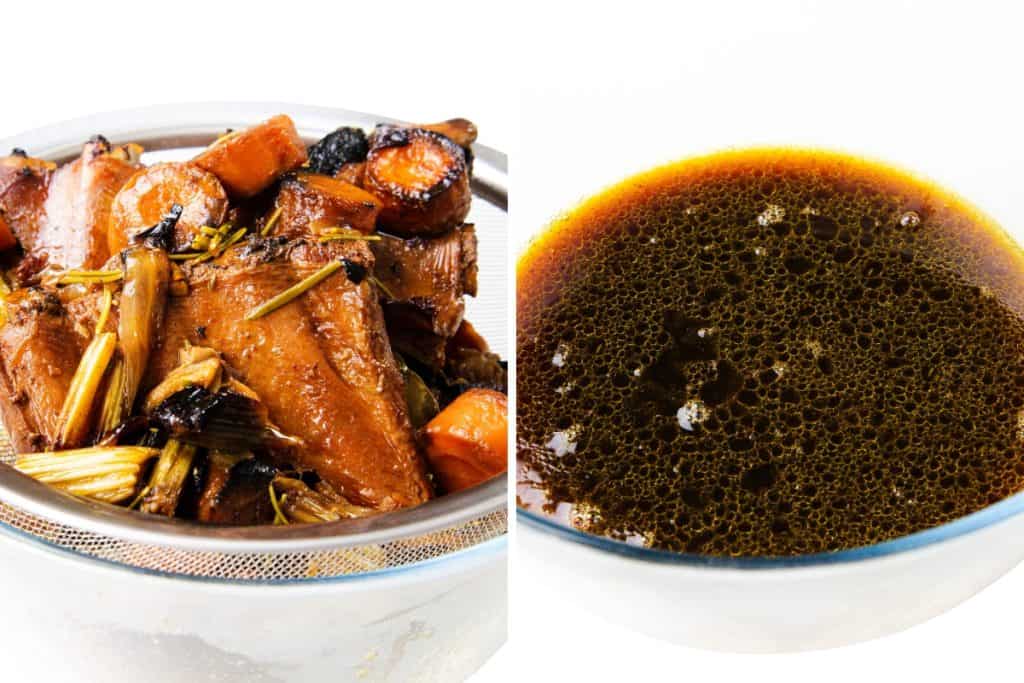 A strainer with cooked meat, carrots, and vegetables on the left, and a bowl of dark pork gravy on the right, both set against a white background.