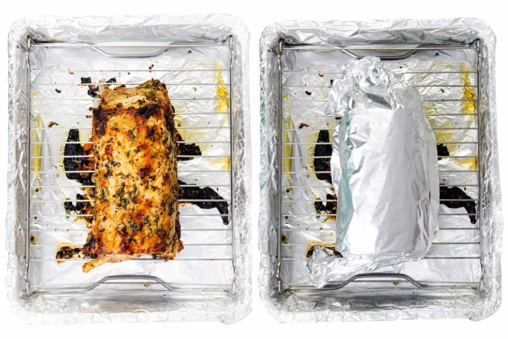 Two roasting pans lined with foil; the left displays a garlic herb crust pork roast on a rack, while the right features a similar brined pork rib roast covered with aluminum foil on a rack.
