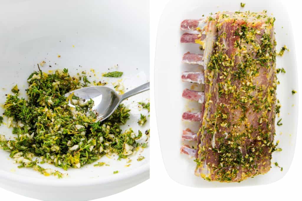A bowl with a spoon and chopped garlic herb crust mixture on the left; on the right, an uncooked rack of lamb coated with the same garlic herb crust on a white plate.