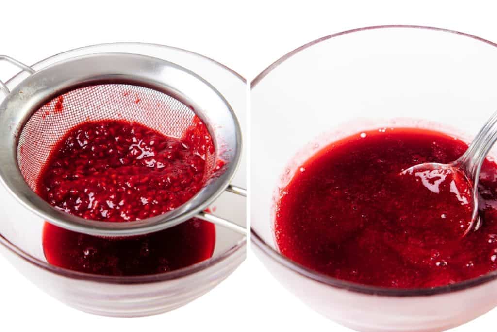 Two side-by-side images: on the left, raspberry sauce being strained through a metal sieve; on the right, a bowl of smooth, seedless raspberry sauce with a spoon&mdash;perfect for topping sparkling desserts or adding to Champagne floats.