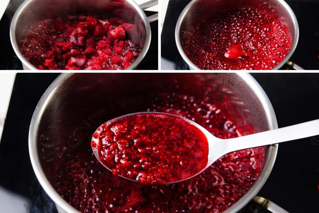 A collage showing frozen raspberries cooking in a pot, raspberries boiling and bubbling, and a close-up of a spoon holding thick, red raspberry sauce&mdash;perfect for topping champagne desserts or adding to sparkling drinks.