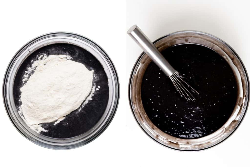 Two glass bowls seen from above: the left holds dry white flour over black liquid, while the right shows the mixture whisked into a smooth black batter&mdash;perfect for making Black Valentine&rsquo;s Day Cupcakes. A metal whisk rests inside the batter.