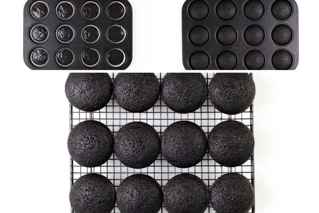 Two muffin pans are upside down and empty, while a cooling rack below holds twelve Black Valentine&rsquo;s Day Cupcakes, arranged in neat rows. The background is white.