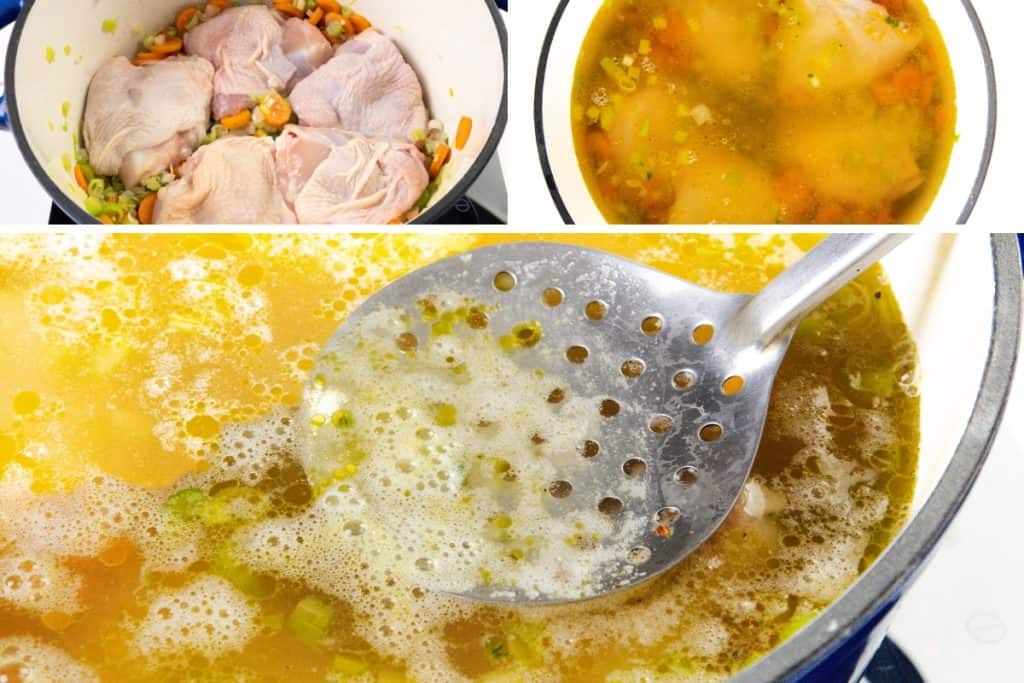 A collage shows raw chicken and vegetables in a pot, chicken simmering in broth for hearty chicken soup, and a close-up of a slotted spoon skimming foam from the surface of the simmering broth.