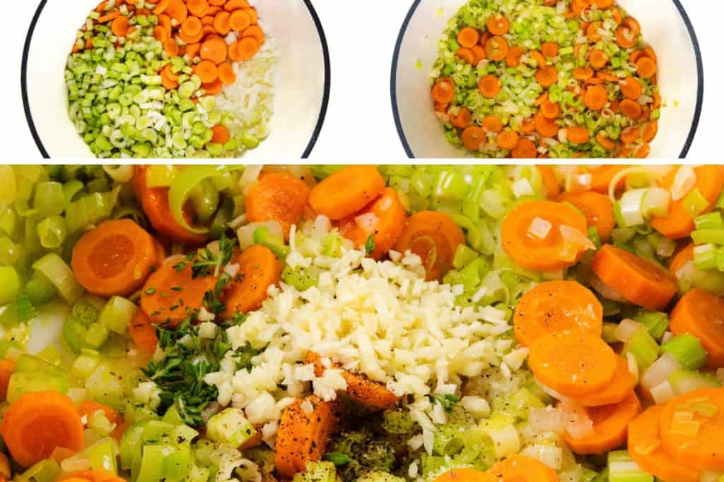 Chopped carrots, celery, and onions shown in bowls, then mixed together in a pan with minced garlic, fresh thyme, and seasoning&mdash;the perfect base for hearty Chicken and Rice Soup.