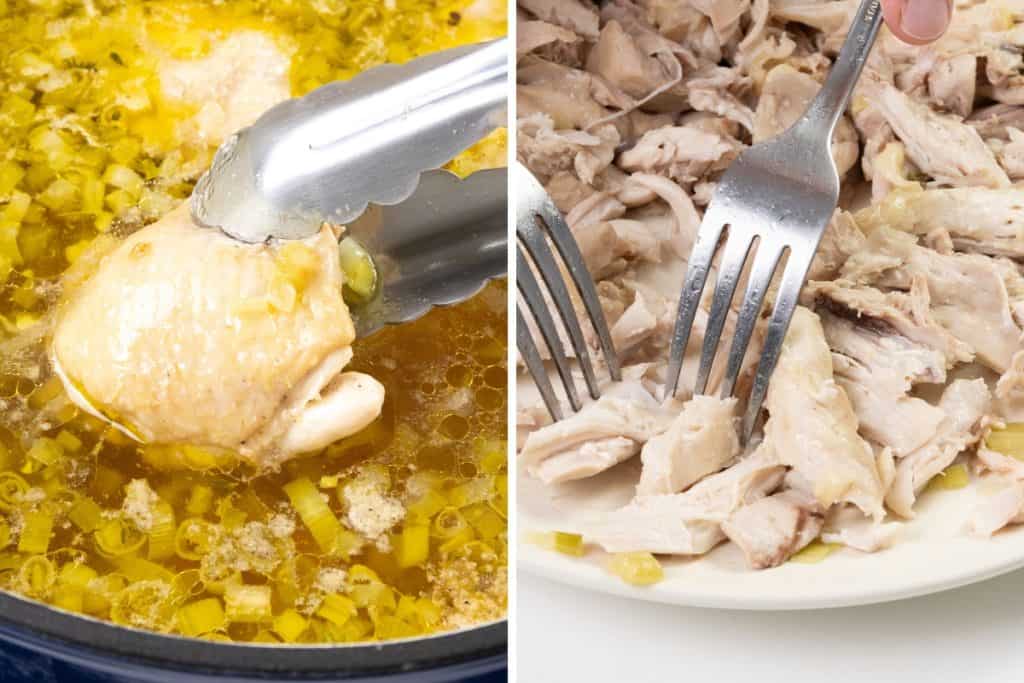 The image is split in two: on the left, tongs lift a piece of chicken from a pot of Chicken and Rice Soup; on the right, two forks shred cooked chicken on a plate.