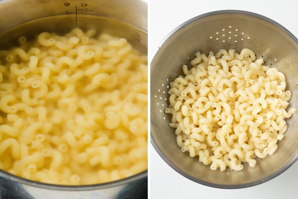 Side-by-side images: on the left, elbow macaroni cooking in a pot of water; on the right, drained cooked macaroni in a metal colander, perfect for creating a delicious creamy pasta or pairing with steak pasta dishes.